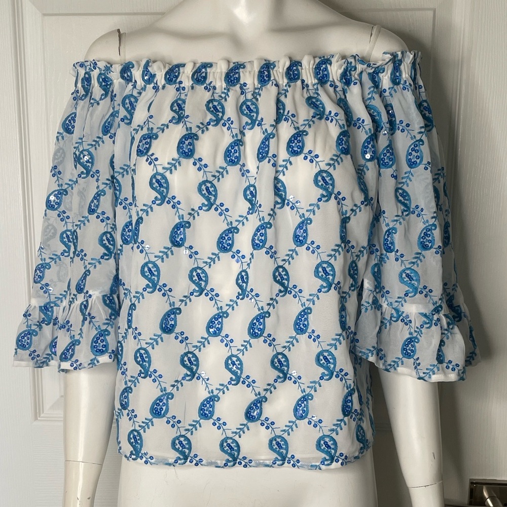 Lilly Pulitzer Baha Blue Paisley Sequin Embroidered Alva Off the Shoulder Top
